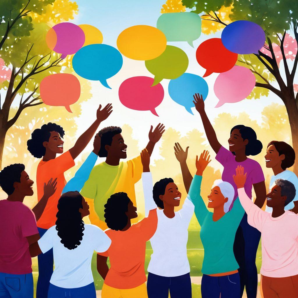A warm and inviting scene depicting diverse individuals engaged in lively conversation, surrounded by colorful speech bubbles filled with supportive messages. Include elements like hands reaching out to each other, symbolizing connection and joy. Soft sunlight filtering through a park backdrop, enhancing a sense of community and positivity. The atmosphere should feel uplifting and encouraging. super-realistic. vibrant colors. soft focus.