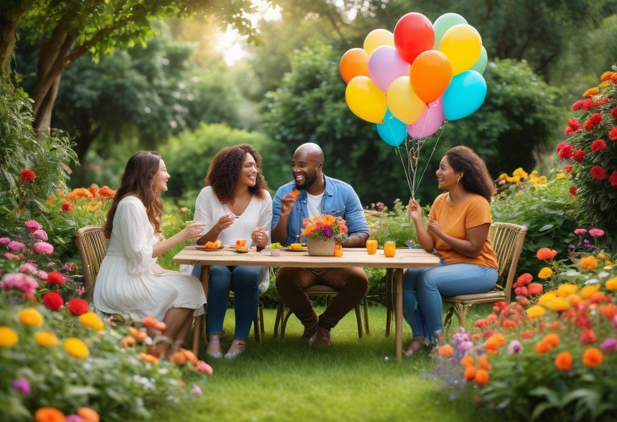 A warm and inviting scene of diverse individuals engaged in joyful conversations, surrounded by vibrant greenery and colorful flowers, symbolizing growth and connection. Include playful elements like butterflies and balloons to evoke happiness. The atmosphere should radiate positivity and community spirit, with soft, natural lighting enhancing the mood. super-realistic. vibrant colors. soft focus.