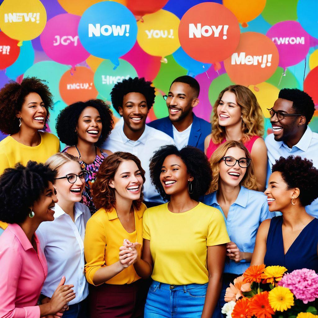 A bright and cheerful scene depicting a diverse group of people engaged in positive conversations at a networking event, showcasing enthusiastic expressions and body language. Include colorful speech bubbles filled with uplifting words, surrounded by blooming flowers and vibrant decorations. Capture the essence of joy and connection in a warm atmosphere. super-realistic. vibrant colors. cheerful background.